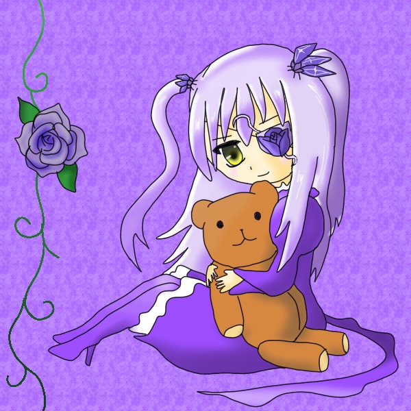 1girl barasuishou boots eyepatch flower image long_hair purple_background purple_dress purple_flower purple_footwear purple_rose purple_theme rose sitting solo stuffed_animal teddy_bear yellow_eyes