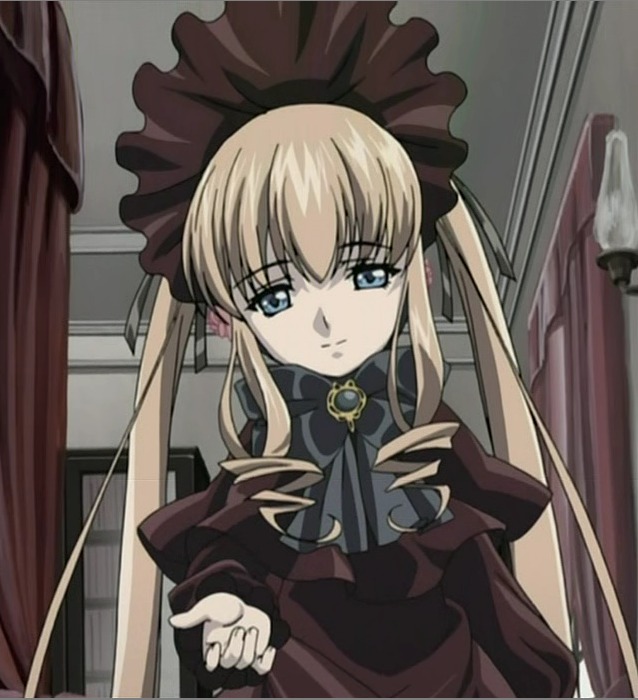 1girl blonde_hair blue_eyes bow bowtie curtains dress expressionless image indoors long_hair long_sleeves looking_at_viewer red_dress shinku sidelocks solo twintails upper_body window