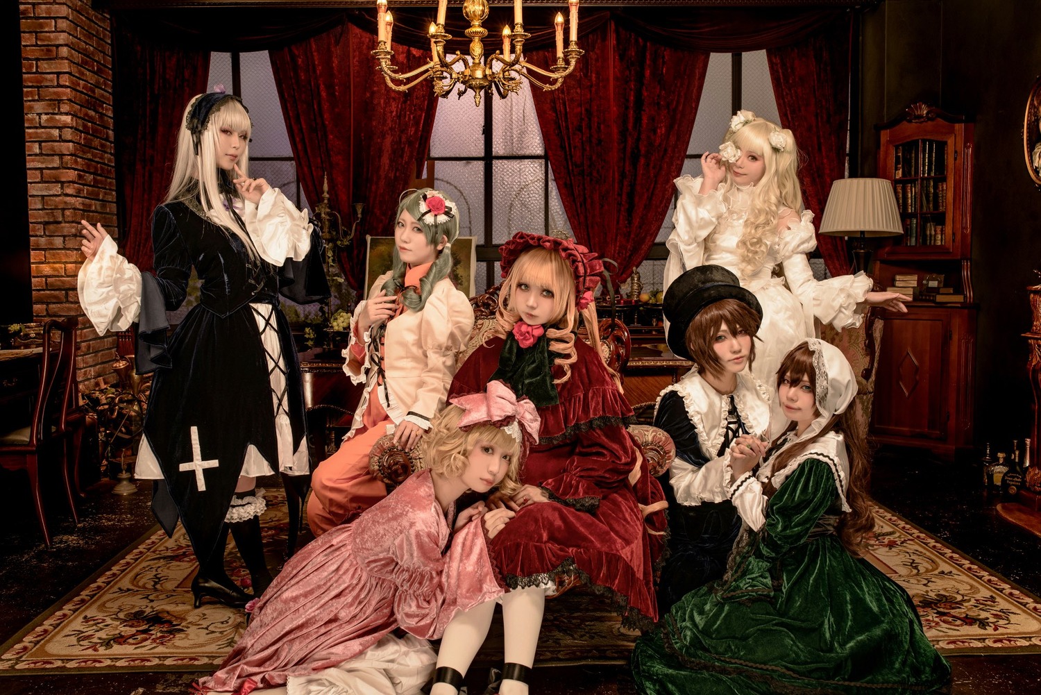 6+girls blonde_hair bow brown_hair closed_eyes curtains dress flower frame hair_ornament hat indoors long_hair long_sleeves looking_at_viewer multiple_girls painting_(object) pink_bow short_hair silver_hair sitting window