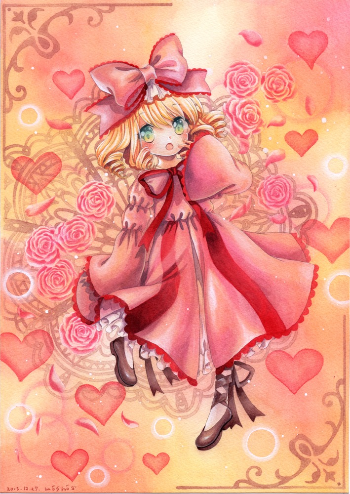 1girl ballpoint_pen_(medium) blonde_hair bow colored_pencil_(medium) commentary_request dress drill_hair flower green_eyes hair_bow heart hina_ichigo hinaichigo image juliet_sleeves long_sleeves mosho open_mouth painting_(medium) photoshop_(medium) pink_dress pink_flower pink_rose puffy_sleeves ribbon rose rozen_maiden short_hair solo traditional_media watercolor_(medium) wide_sleeves