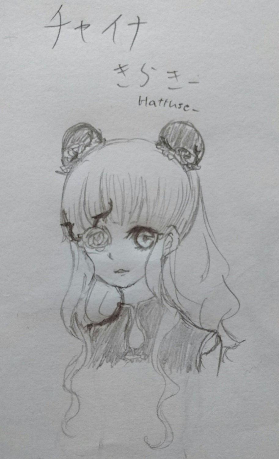 1girl bangs double_bun greyscale hair_ornament image kirakishou long_hair looking_at_viewer monochrome photo sketch solo traditional_media