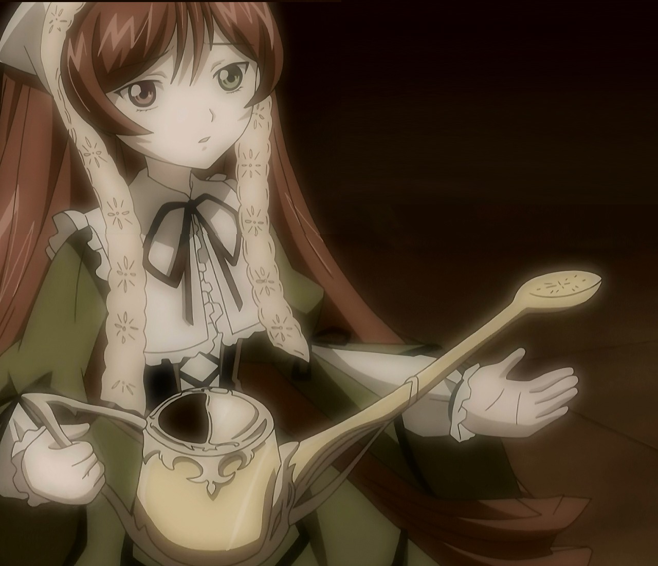 1girl black_ribbon brown_hair dress frills image long_hair long_sleeves neck_ribbon ribbon sepia sitting solo suiseiseki very_long_hair