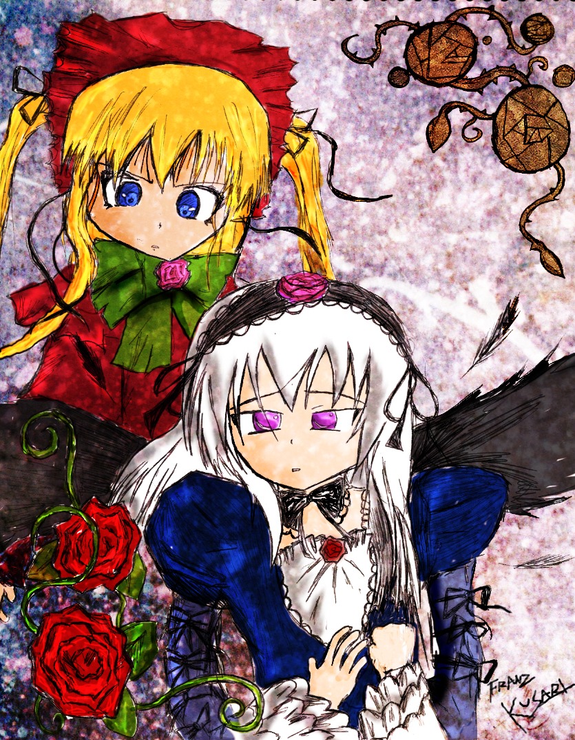2girls black_wings blonde_hair blue_eyes dress flower hairband image long_hair long_sleeves multiple_girls pair purple_eyes red_flower red_rose rose shinku silver_hair suigintou wings