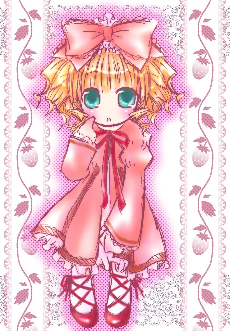 1girl :o blonde_hair bloomers blush bow dress frills full_body hair_bow hina_ichigo hinaichigo image long_sleeves looking_at_viewer pink_bow red_footwear shoes short_hair solo standing