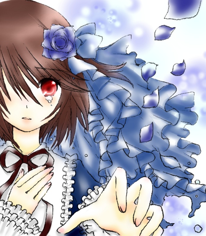 1girl blue_flower brown_hair dress flower frills hair_flower hair_ornament hands_clasped image interlocked_fingers long_sleeves out_of_frame red_eyes ribbon rose short_hair solo souseiseki tears