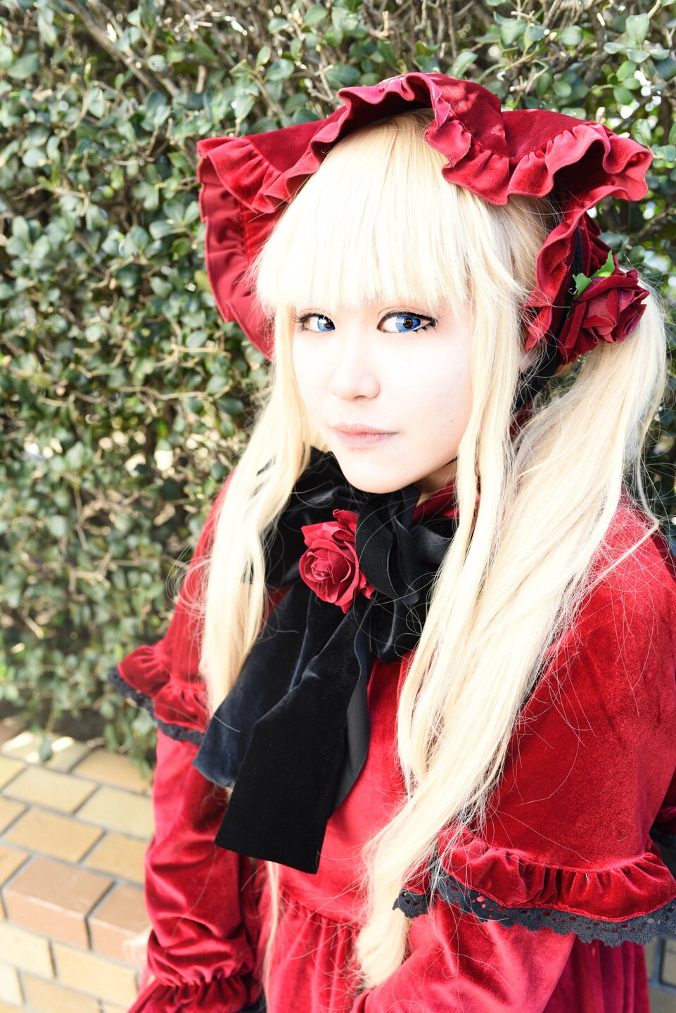 1girl bangs blonde_hair blue_eyes closed_mouth dress eyelashes flower lips lolita_fashion long_hair looking_at_viewer red_dress red_flower red_rose rose shinku solo upper_body