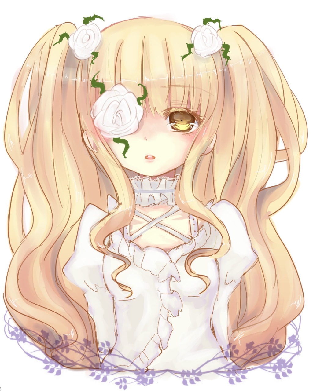 1girl bangs blonde_hair blush dress eyepatch flower frills hair_flower hair_ornament image kirakishou long_hair rose signature solo thorns twintails two_side_up upper_body white_flower white_rose yellow_eyes
