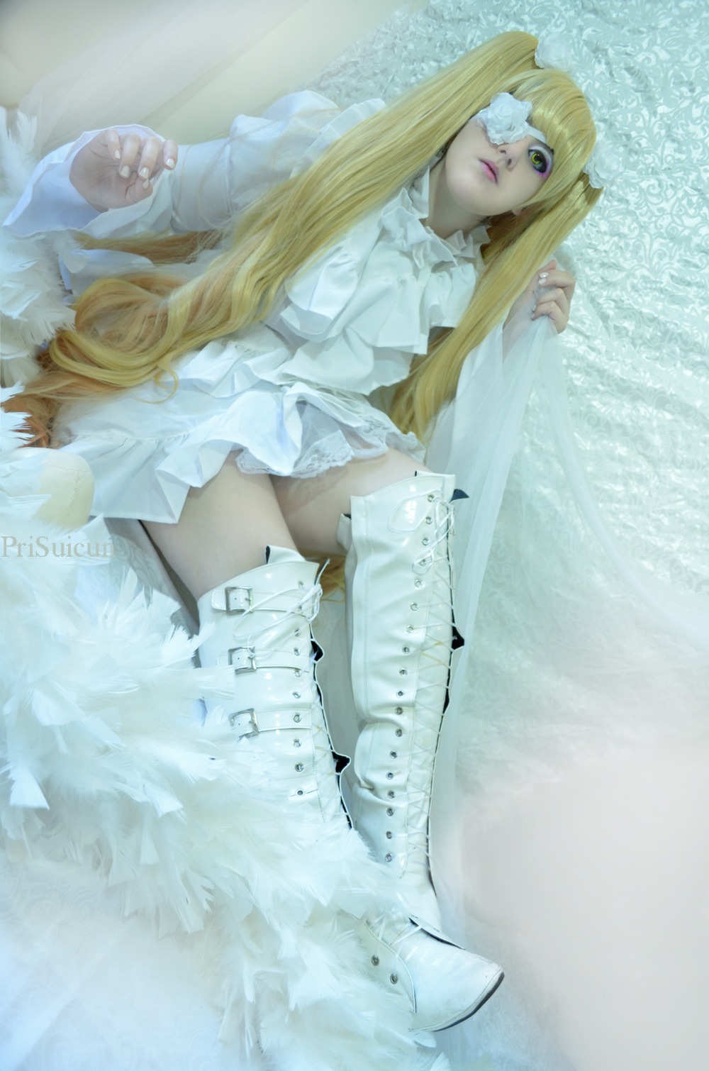 1girl bangs blonde_hair dress kirakishou lips long_hair sitting solo twintails very_long_hair water white_dress