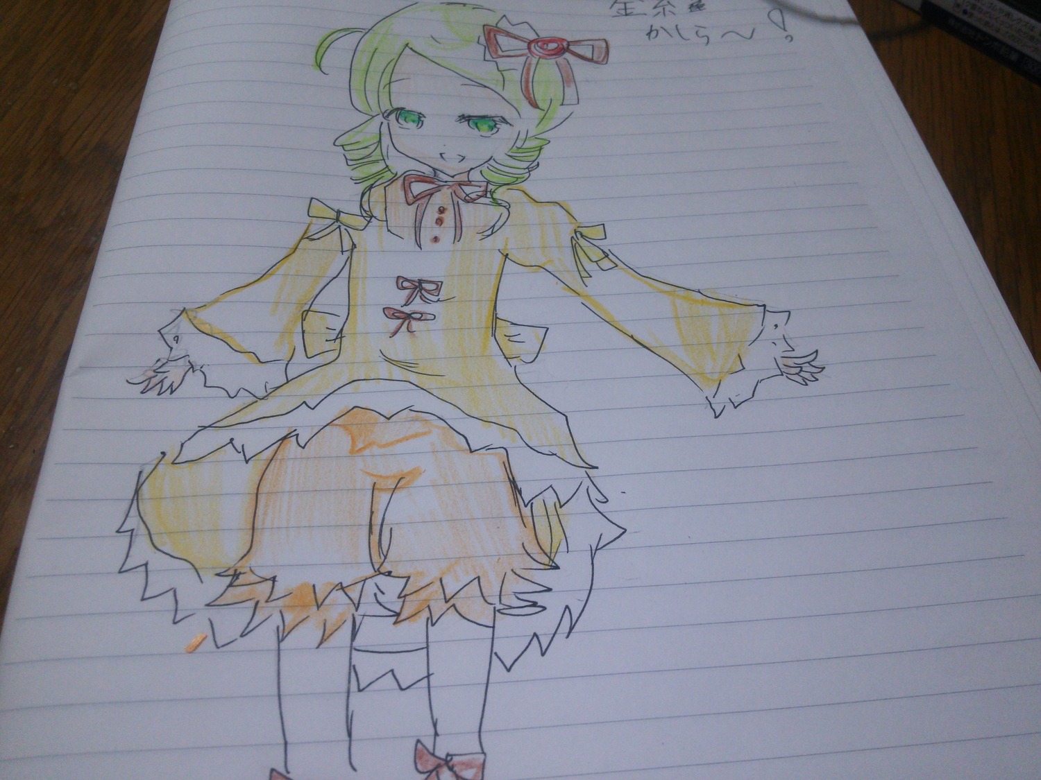 1girl blonde_hair dress drill_hair green_eyes hair_ornament hat image kanaria long_sleeves photo puffy_sleeves ribbon short_hair solo tomoe_mami traditional_media twin_drills