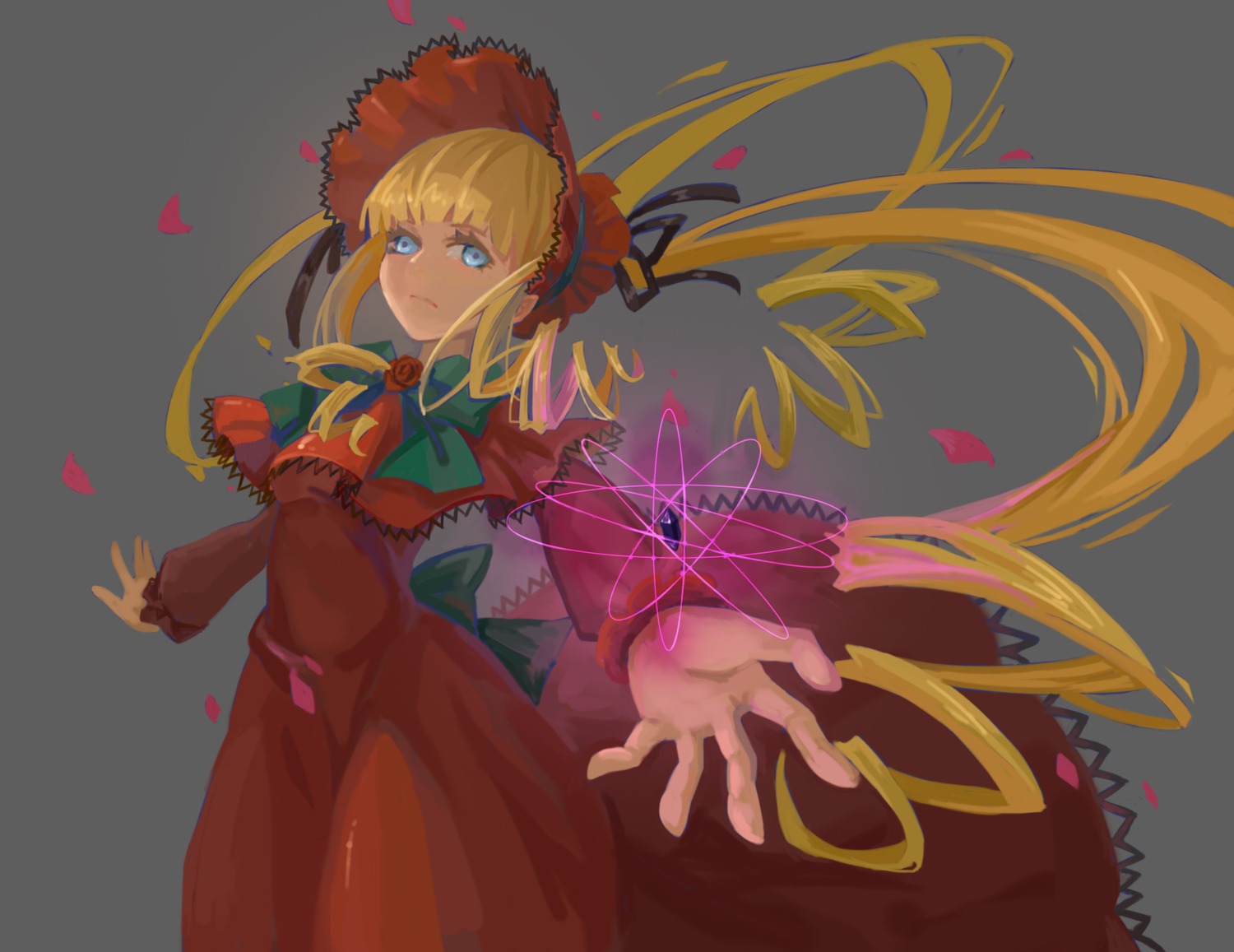 1girl bangs blonde_hair blue_eyes bonnet bow bowtie capelet dress flower grey_background image long_hair long_sleeves petals red_dress rose rose_petals shinku simple_background solo twintails very_long_hair