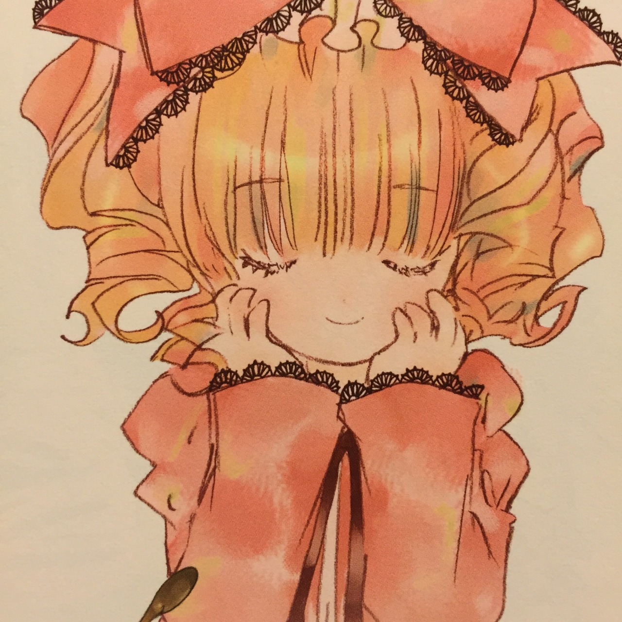 1girl bangs closed_eyes drill_hair eyebrows_visible_through_hair hands_on_own_cheeks hands_on_own_face hina_ichigo hinaichigo image long_sleeves simple_background smile solo upper_body