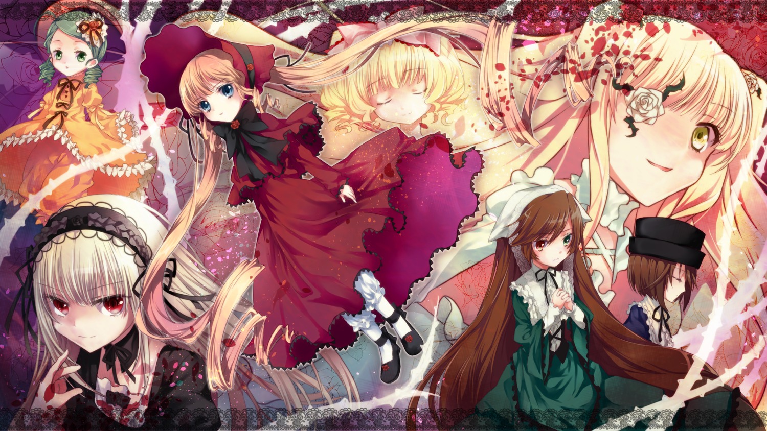 blonde_hair blue_eyes bow brown_hair closed_eyes dress drill_hair green_eyes green_hair hairband hat hina_ichigo image long_hair long_sleeves multiple multiple_girls pink_bow red_eyes shinku silver_hair suigintou suiseiseki tagme twintails very_long_hair wings