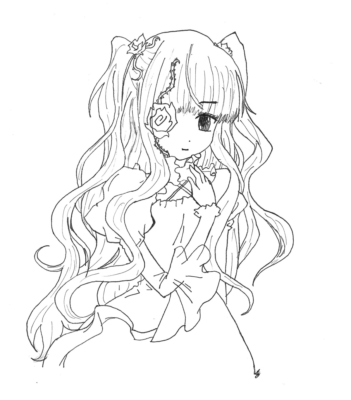 1girl bangs blush bow closed_mouth dress eyepatch flower greyscale image kirakishou long_hair long_sleeves looking_at_viewer monochrome rose simple_background solo striped two_side_up vertical_stripes very_long_hair wavy_hair white_background