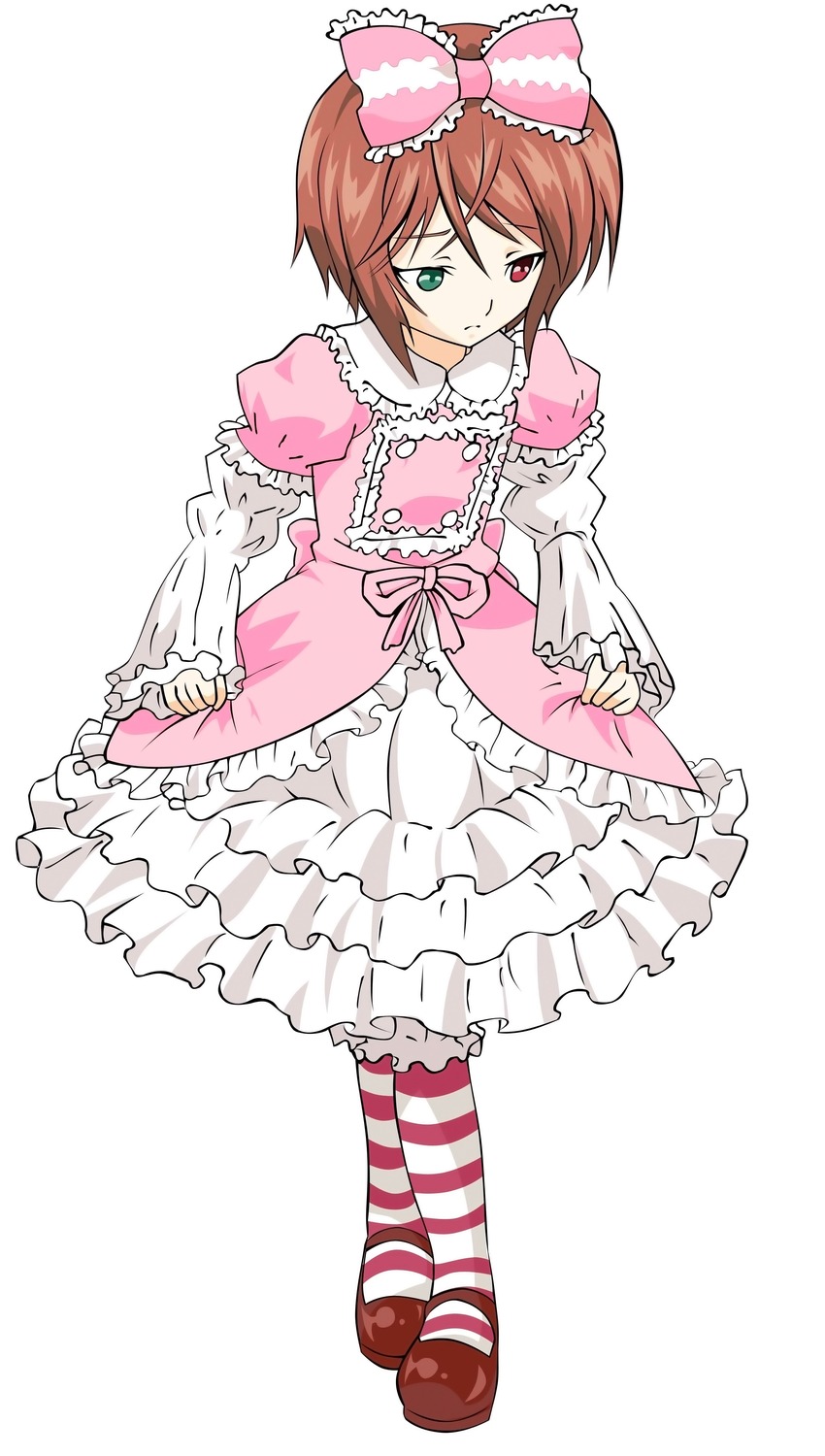 1boy bow brown_hair crossdressing dress frills full_body green_eyes hair_bow heterochromia image lolita_fashion long_sleeves pantyhose pink_bow puffy_sleeves red_eyes shoes short_hair solo souseiseki standing striped striped_legwear