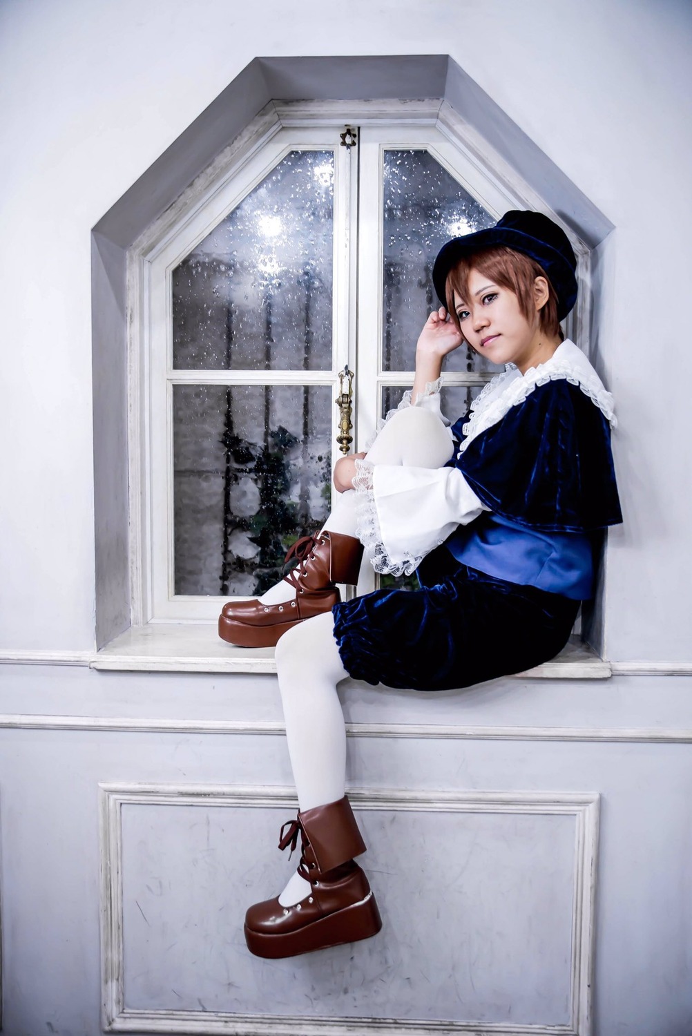 1girl boots brown_footwear brown_hair fur_trim hat lips long_sleeves pantyhose short_hair sitting snow snowing solo souseiseki white_legwear window