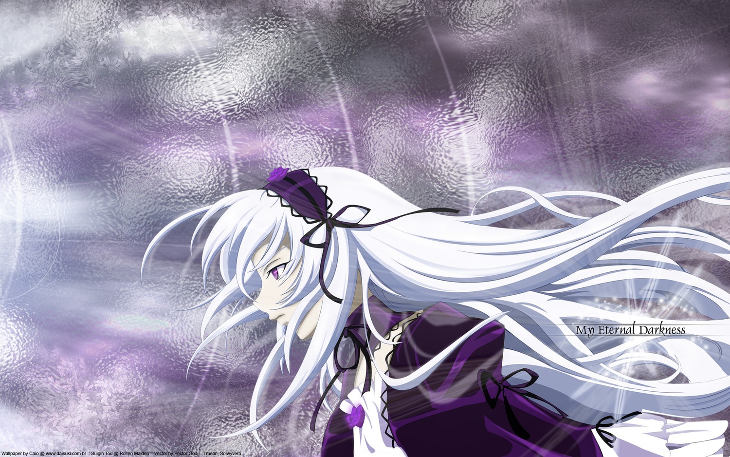 1girl black_ribbon dress floating_hair flower frills hairband image long_hair long_sleeves looking_afar profile ribbon silver_hair solo suigintou very_long_hair wings