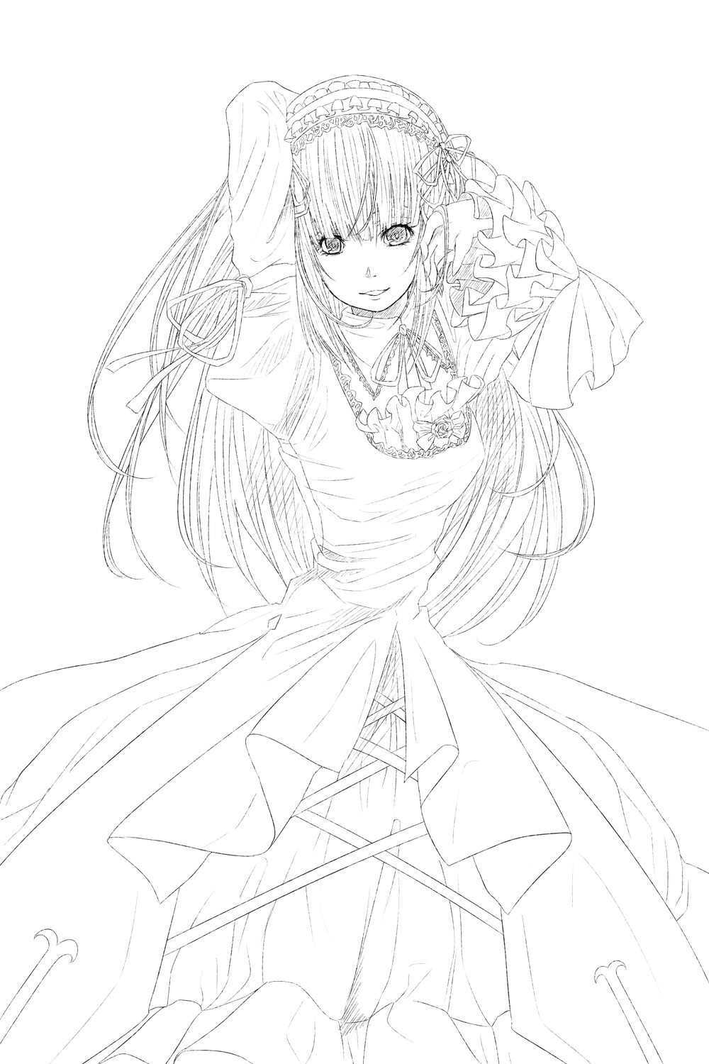 1girl dress flower frills greyscale image long_hair long_sleeves monochrome solo striped suigintou