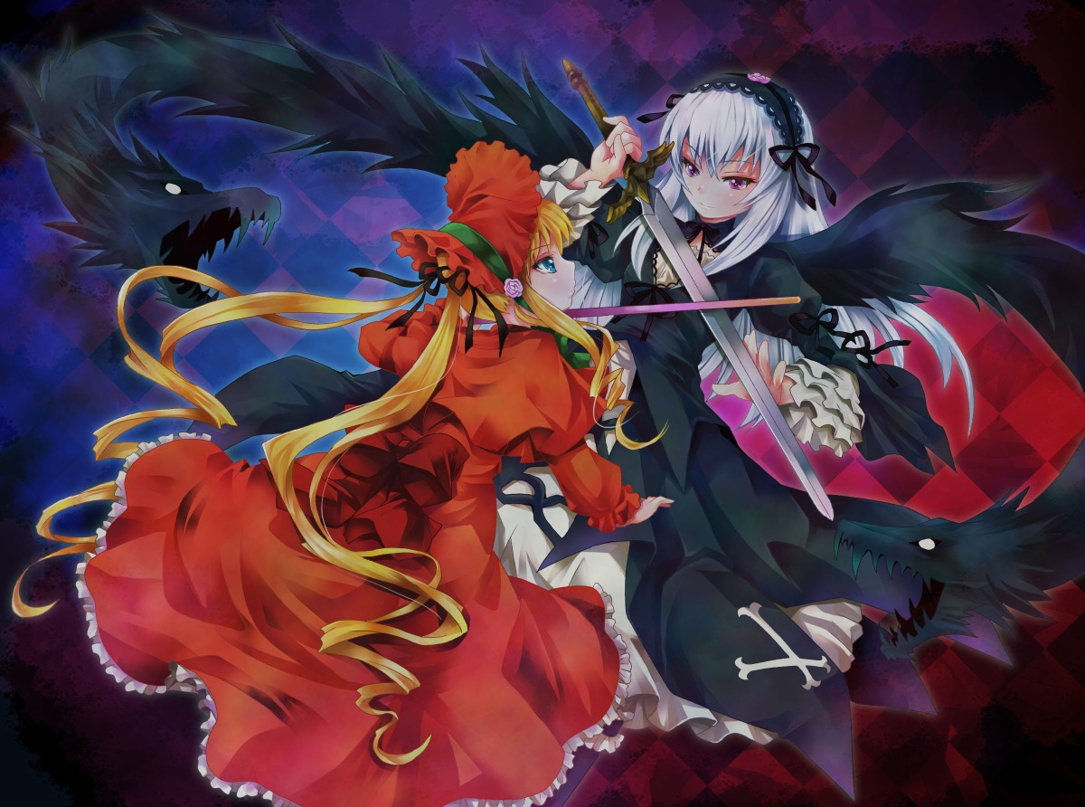 2girls argyle argyle_background bad_id bad_pixiv_id black_wings blonde_hair blue_eyes bonnet cane checkered checkered_background checkered_floor chess_piece dress drill_hair frills hairband hat image long_hair long_sleeves michii_yuuki multiple_girls pair purple_eyes red_dress rose rozen_maiden shinku silver_hair suigintou sword tile_floor tiles twintails very_long_hair weapon wings