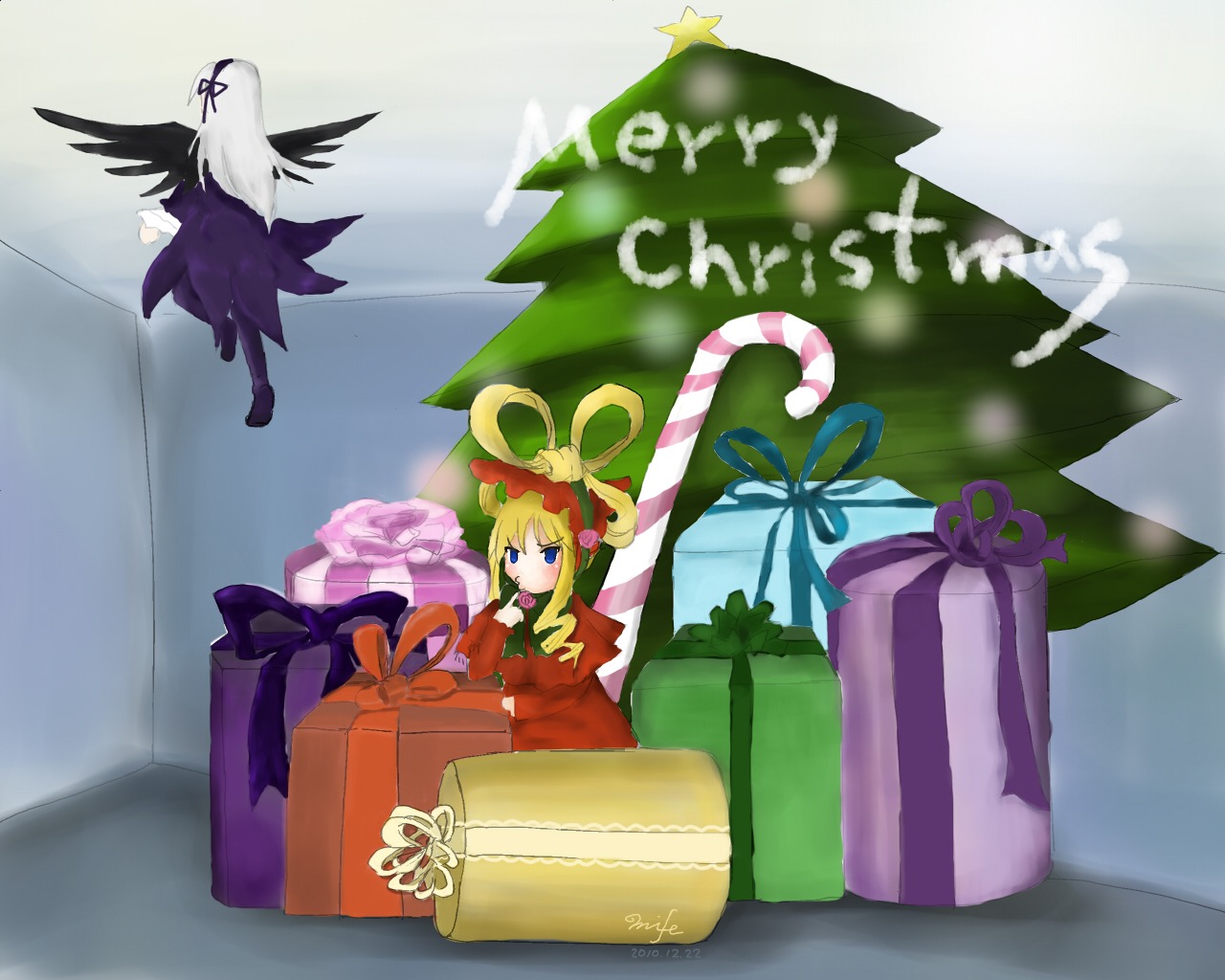 auto_tagged blonde_hair blue_eyes box christmas dress gift gift_box image merry_christmas pair ribbon santa_costume shinku suigintou wings