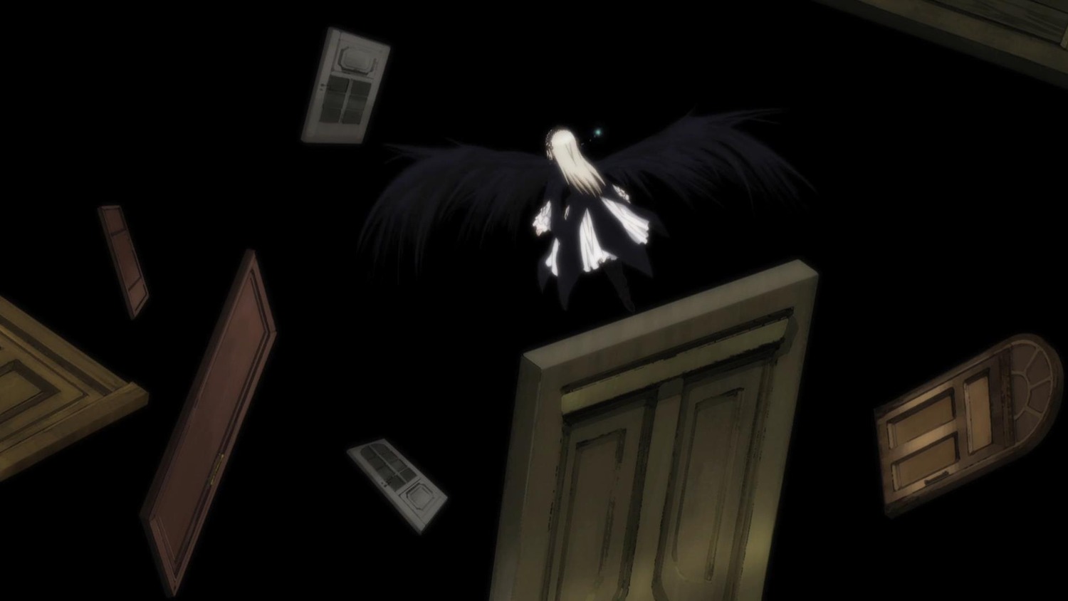 1girl angel angel_wings black_wings dress feathered_wings halo image long_hair solo suigintou very_long_hair white_hair white_wings wings