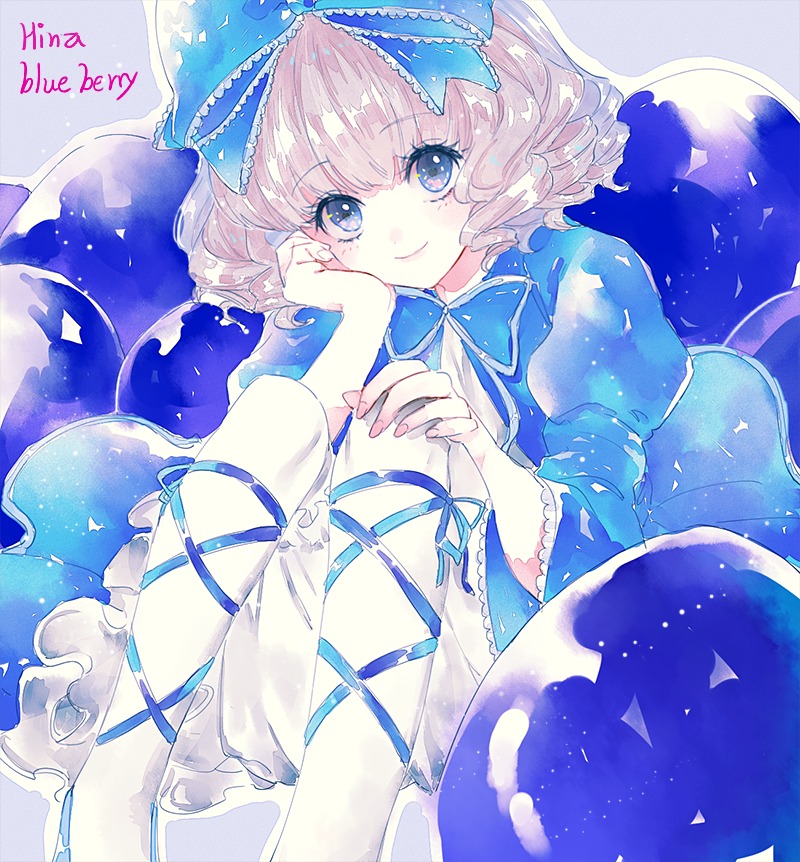 1girl blue_eyes blue_ribbon bow dated dress hinaichigo image leg_ribbon long_sleeves looking_at_viewer puffy_sleeves ribbon short_hair smile solo