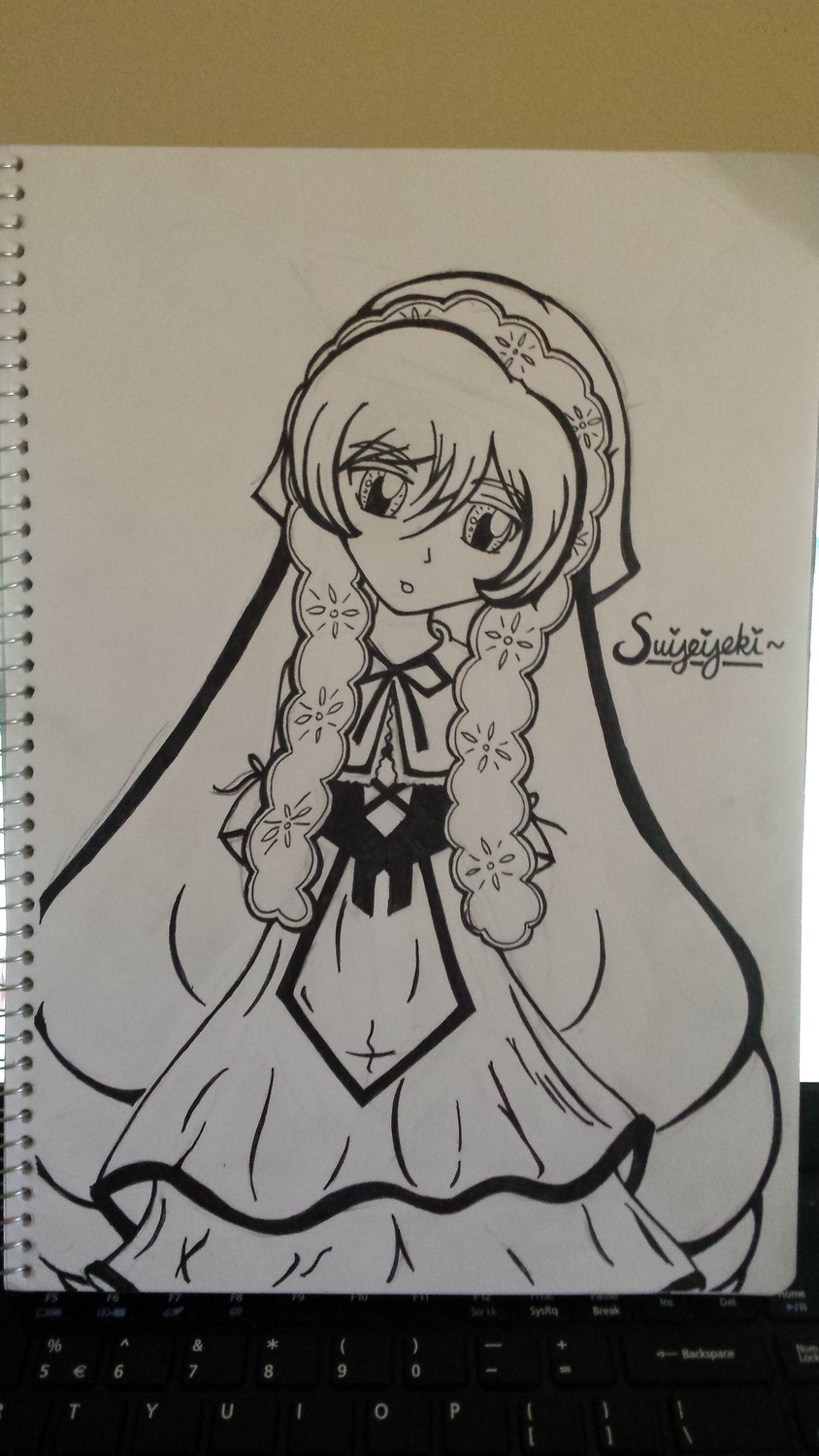 1girl bangs braid collared_dress dress eyebrows_visible_through_hair flower hair_between_eyes image long_hair long_sleeves looking_at_viewer monochrome parted_lips photo puffy_sleeves solo suiseiseki traditional_media twin_braids very_long_hair