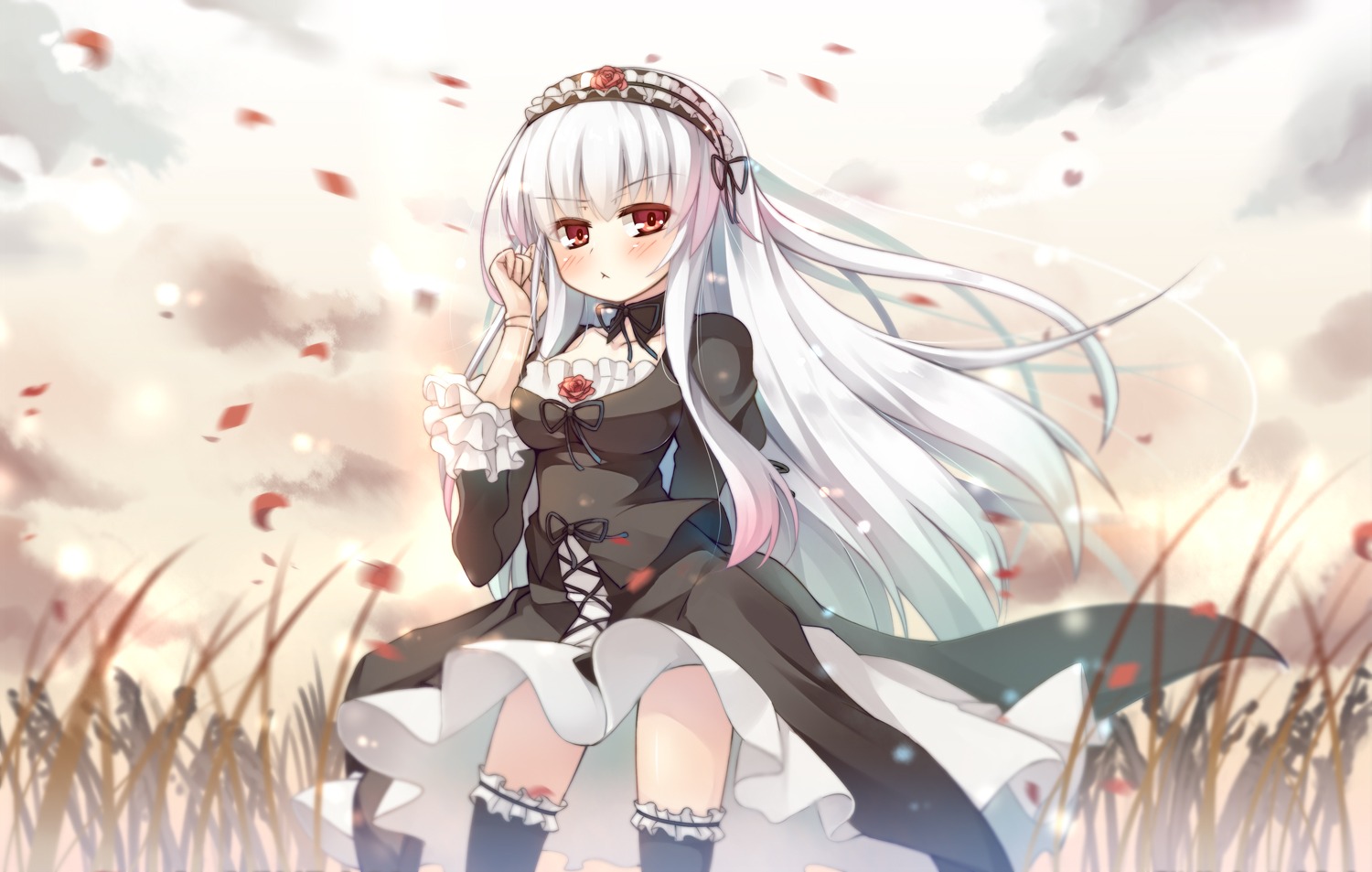 1girl :< asa_(swallowtail) bangs black_dress blurry blush breasts clothes_lift cloud commentary_request doll_joints dress dress_lift eyebrows_visible_through_hair flower frills gothic_lolita grass hairband image joints juliet_sleeves leg_garter lolita_fashion lolita_hairband long_hair long_sleeves outdoors petals photoshop_(medium) puffy_sleeves red_eyes ribbon rose rozen_maiden silver_hair sky solo standing suigintou thighhighs very_long_hair white_hair wind wind_lift
