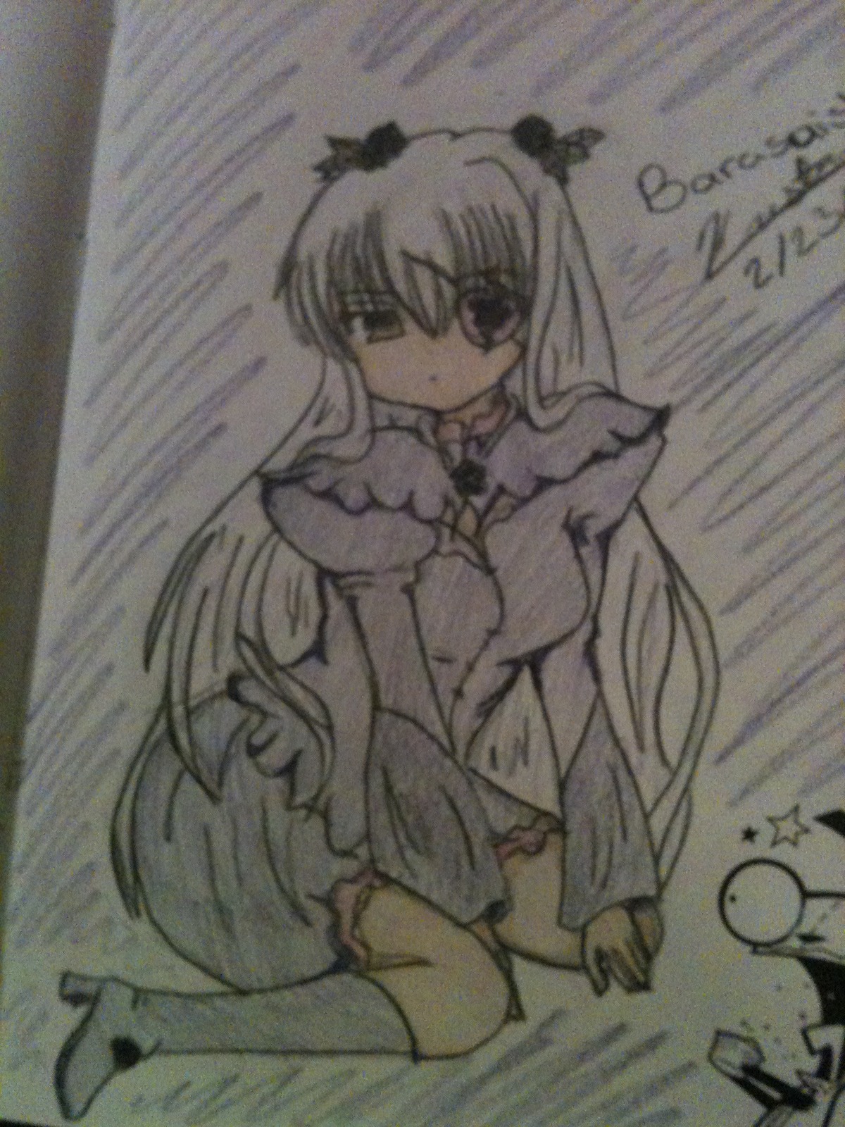 1girl barasuishou boots dress frills full_body high_heel_boots high_heels image knee_boots long_hair long_sleeves looking_at_viewer photo sitting solo suigintou traditional_media very_long_hair
