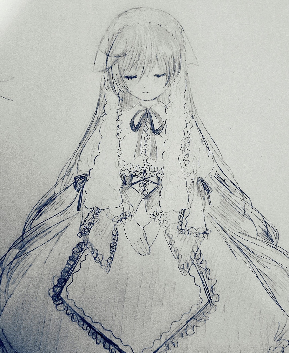 1girl blue_ribbon closed_eyes dress frills image long_hair monochrome neck_ribbon ribbon simple_background solo suiseiseki traditional_media very_long_hair white_dress