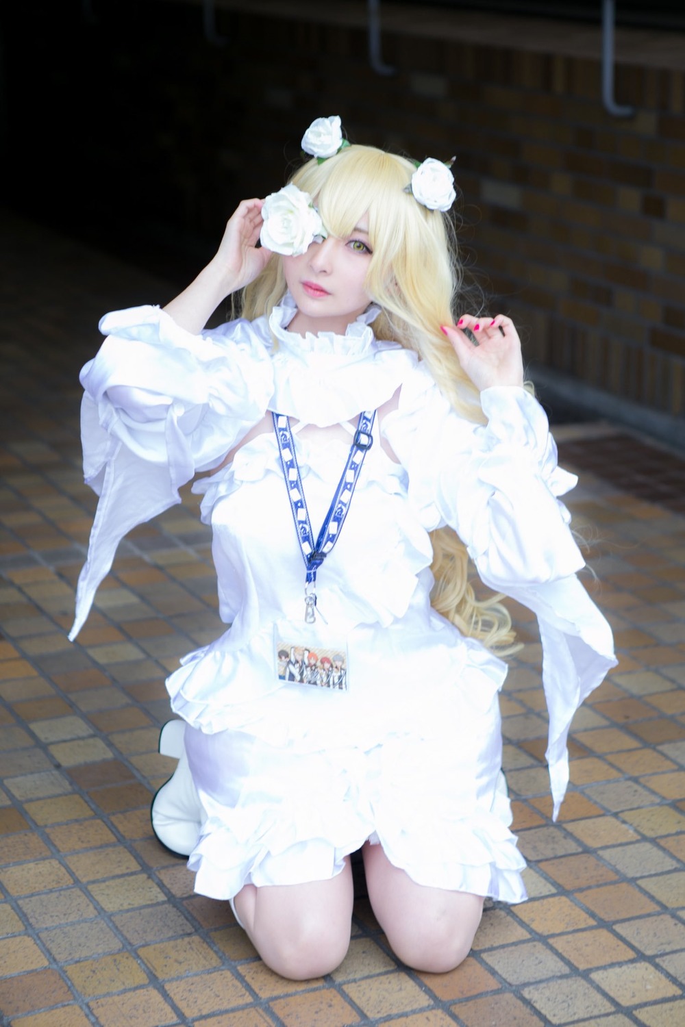 1girl bangs blonde_hair dress flower frills hair_flower hair_ornament kirakishou kneeling lips long_hair solo tile_floor tiles white_dress white_flower