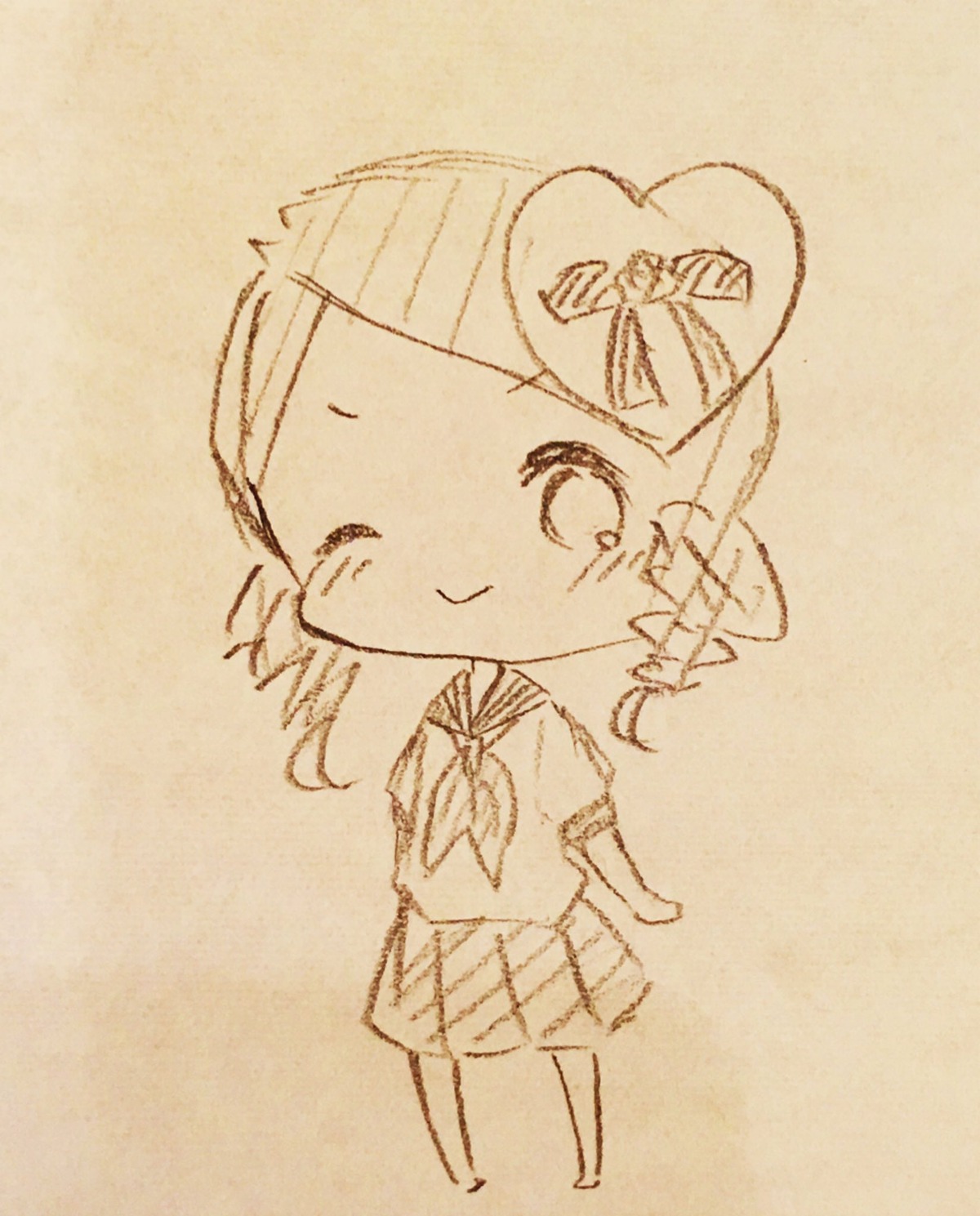 1girl brown_background cat_ears chibi full_body image kanaria monochrome school_uniform serafuku skirt smile solo standing traditional_media