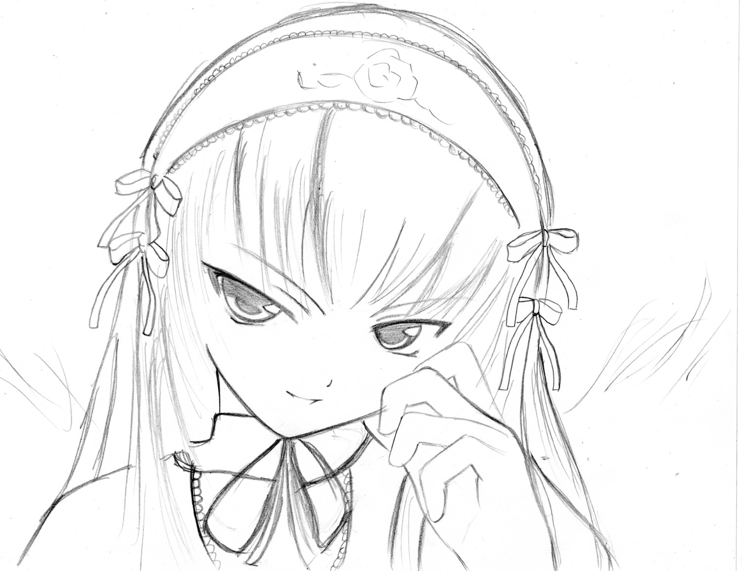 1girl closed_mouth greyscale hair_ribbon hairband image long_hair looking_at_viewer monochrome ribbon simple_background smile solo suigintou white_background