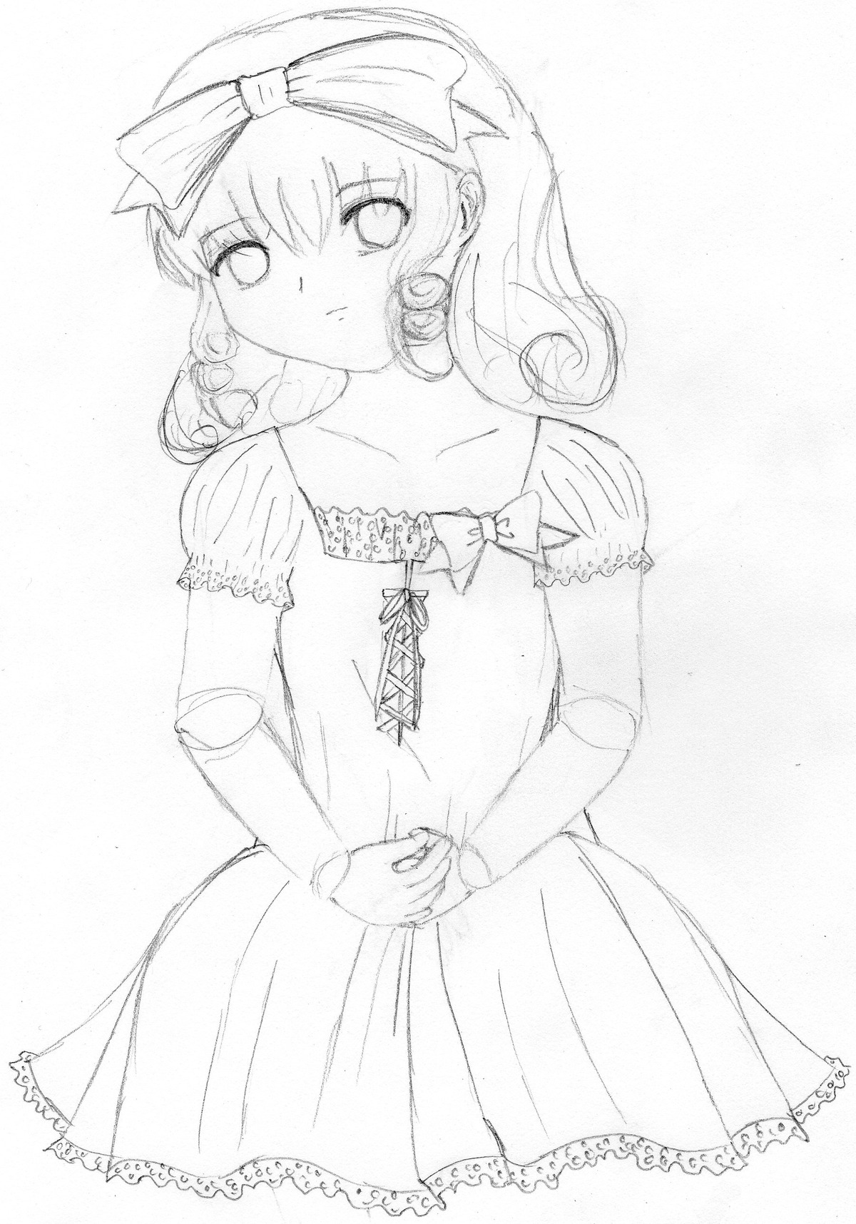 1girl auto_tagged bare_shoulders bow detached_sleeves dress greyscale hair_bow hinaichigo image jewelry looking_at_viewer monochrome ribbon solo standing traditional_media