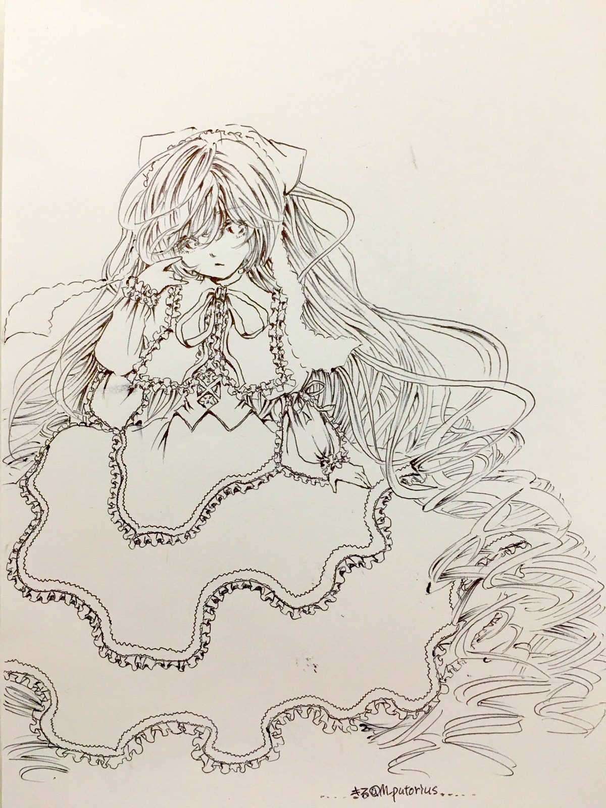 1girl bow dress frills hair_bow image long_hair monochrome solo suiseiseki traditional_media very_long_hair wings