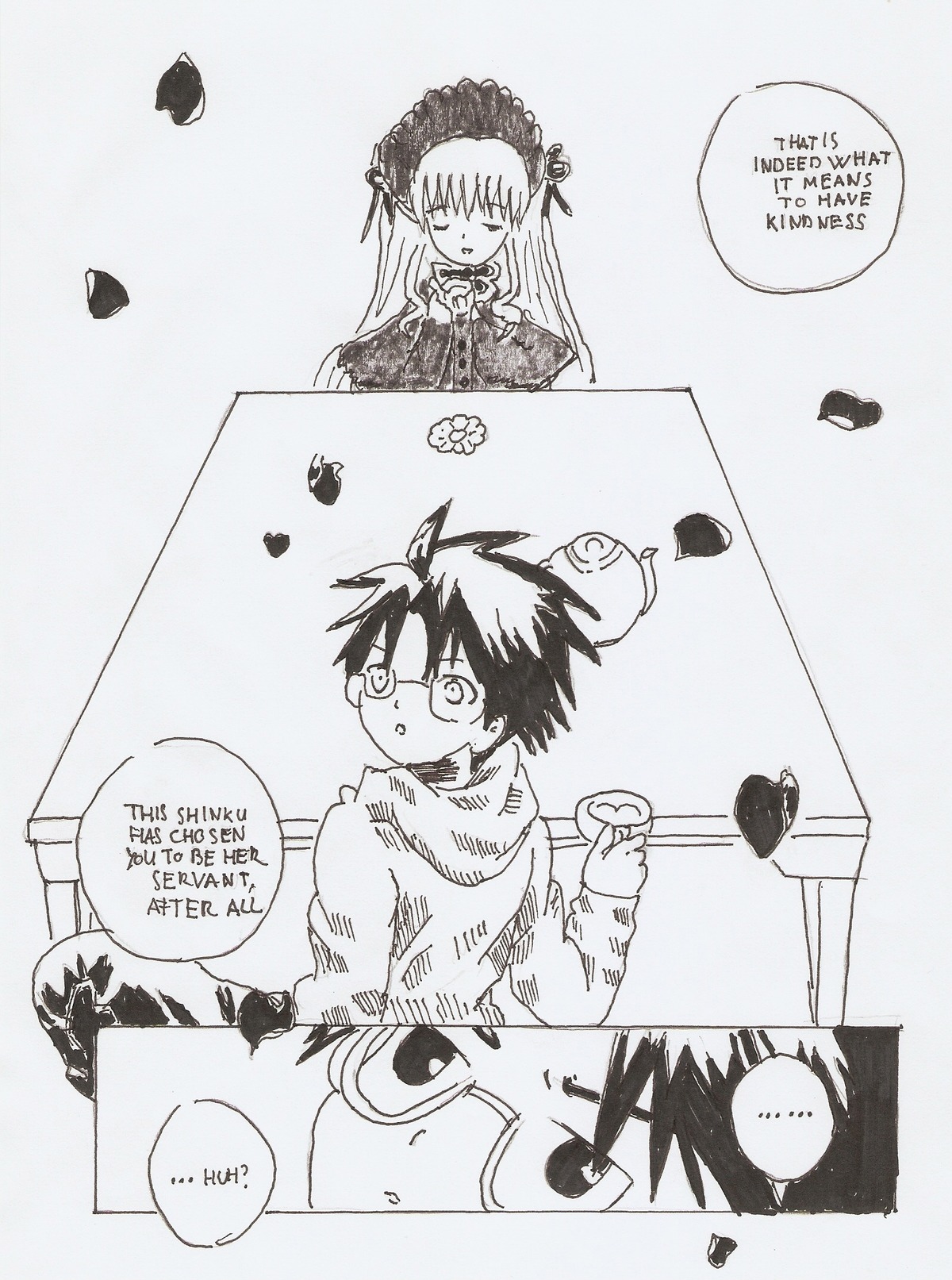 1boy 1girl cat comic food glasses greyscale hairband image long_hair monochrome shinku solo