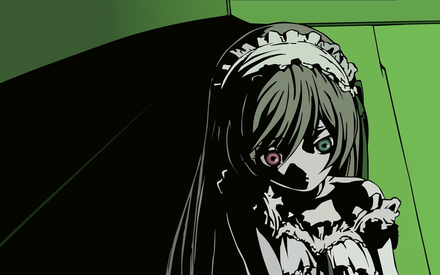 1girl fang frilled_hairband green_eyes hairband heterochromia image long_hair looking_at_viewer open_mouth red_eyes solo suiseiseki