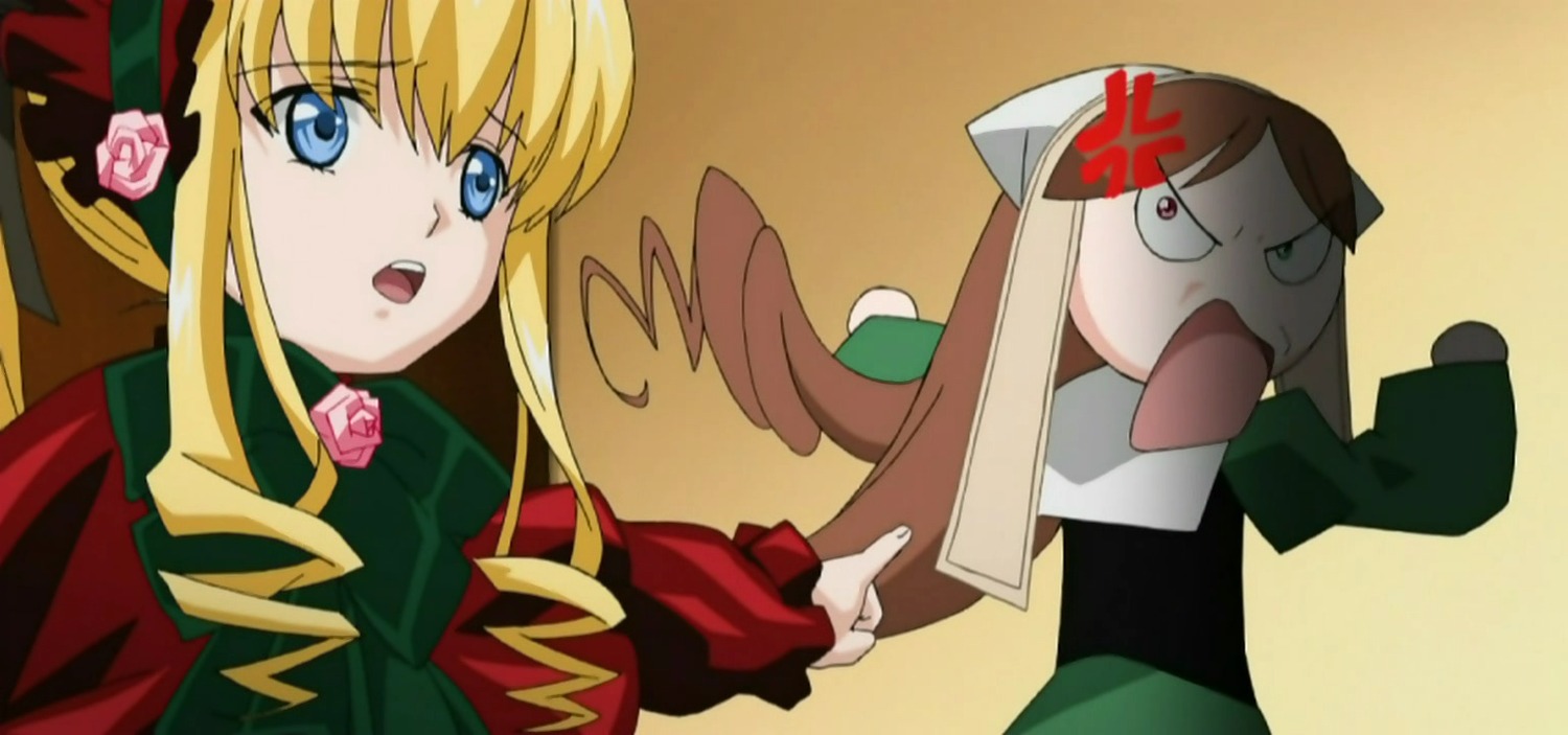 2girls anger_vein angry blonde_hair blue_eyes bonnet bow drill_hair flower long_hair long_sleeves multiple_girls open_mouth parody pink_rose rose shinku sidelocks twin_drills