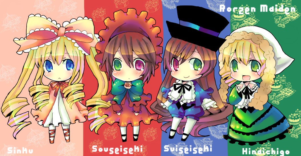 4girls blonde_hair blue_eyes bow brown_hair dress drill_hair green_dress green_eyes hat heterochromia hina_ichigo image long_hair long_sleeves multiple multiple_girls open_mouth pink_bow red_eyes shinku short_hair smile souseiseki standing suiseiseki tagme very_long_hair