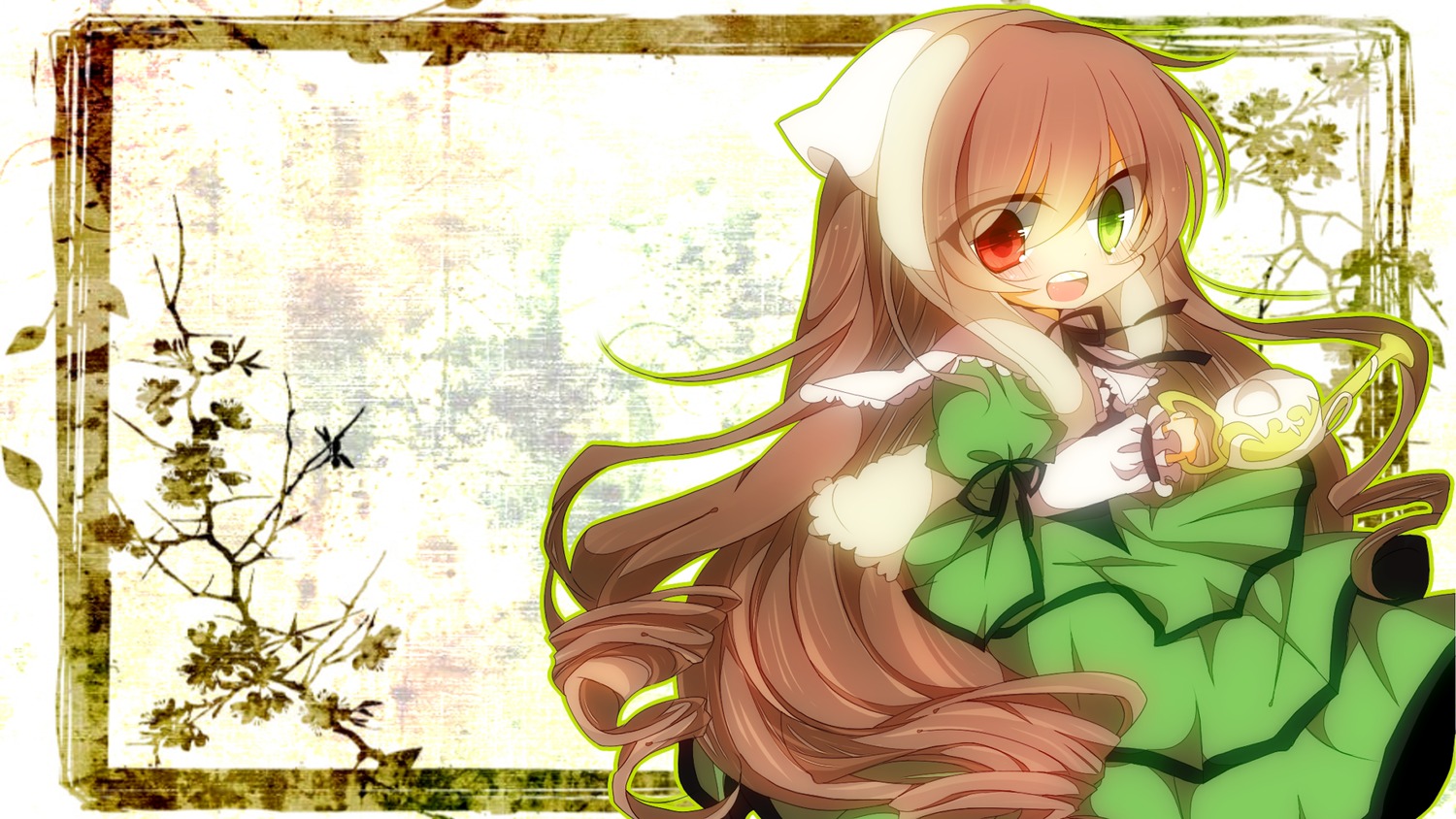 1girl :d brown_hair dress green_dress green_eyes heterochromia image long_hair long_sleeves open_mouth plant red_eyes smile solo suiseiseki very_long_hair vines watering_can