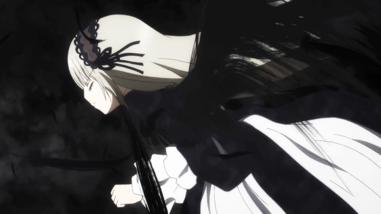 1girl bangs black_dress black_ribbon black_wings closed_eyes closed_mouth dress flower frills hairband image long_hair long_sleeves profile ribbon silver_hair solo suigintou very_long_hair wings