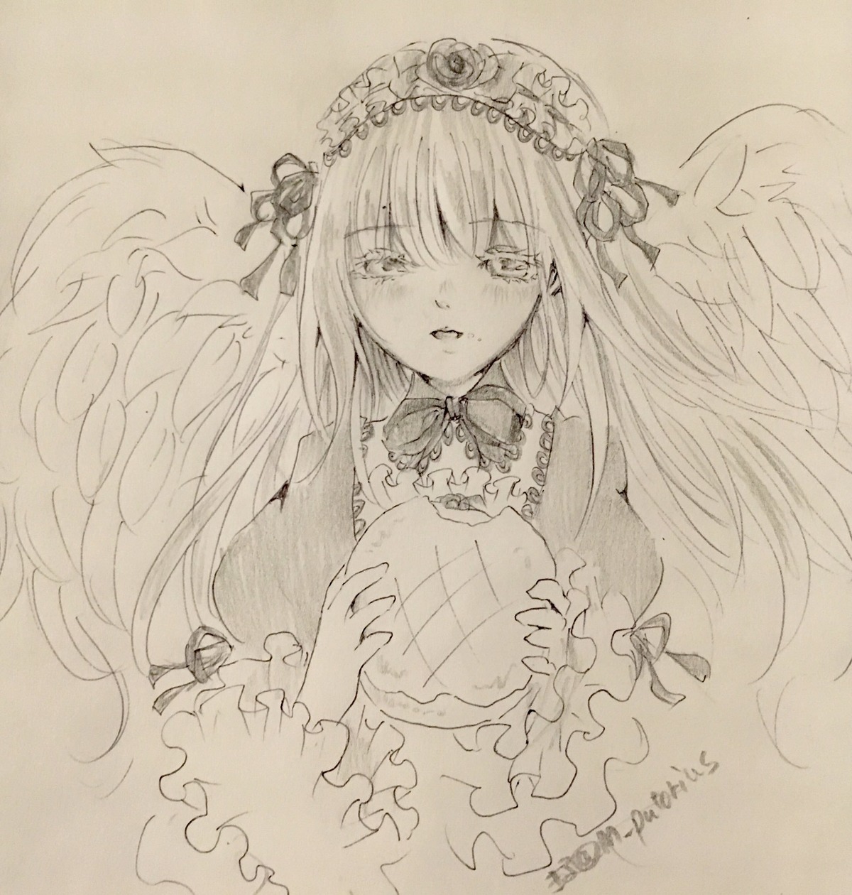 1girl bangs blush dress eyebrows_visible_through_hair feathered_wings flower frills hairband holding image long_hair long_sleeves looking_at_viewer monochrome rose solo suigintou tears traditional_media very_long_hair wings