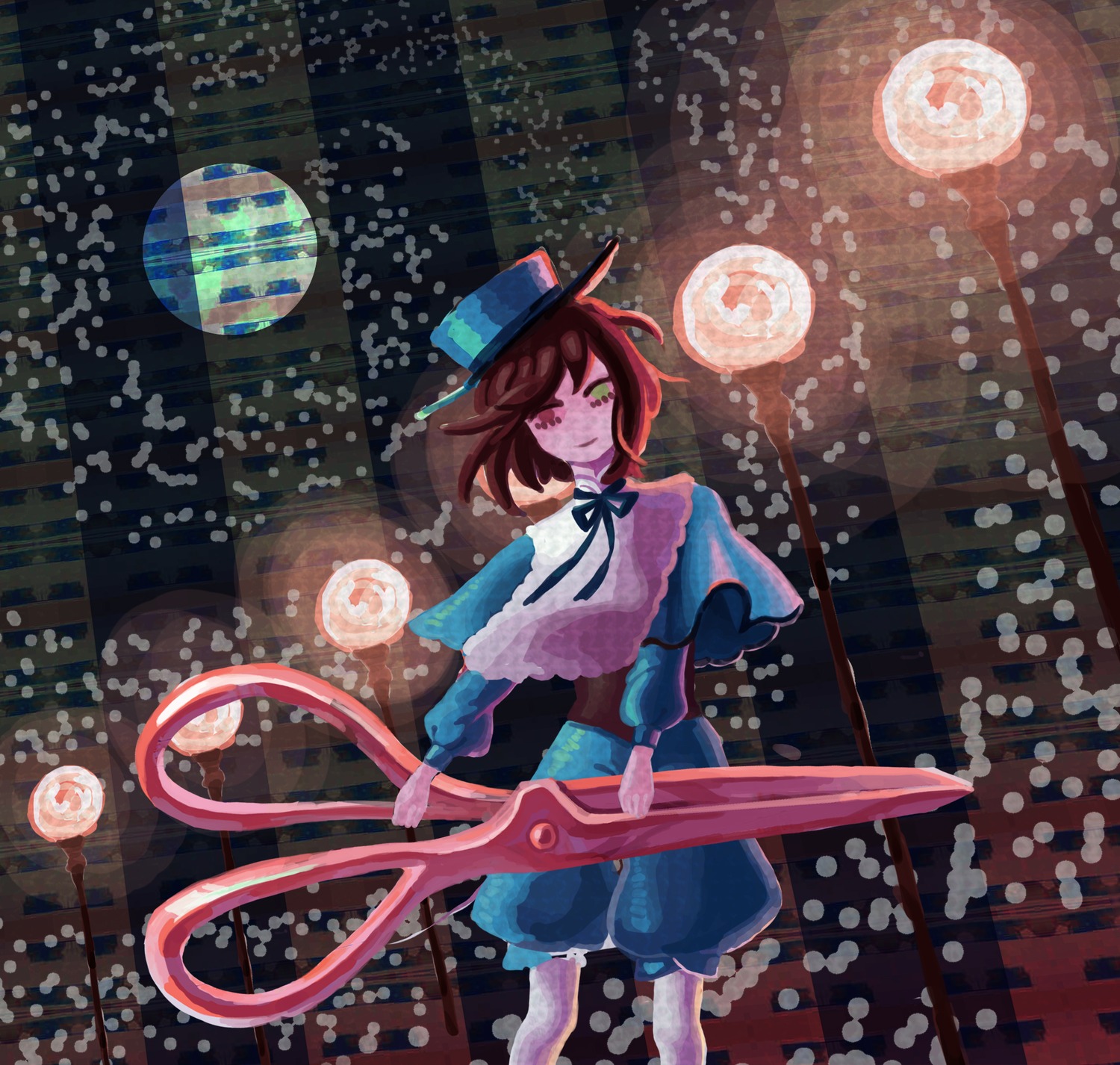 androgynous bow brown_hair capelet city dress food hat image ribbon short_hair solo souseiseki