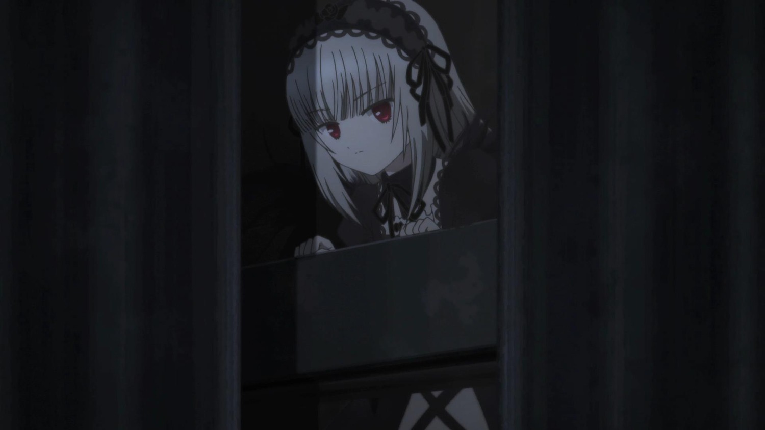 1girl bangs black_ribbon closed_mouth curtains dress eyebrows_visible_through_hair hairband image looking_at_viewer peeking_out red_eyes ribbon solo suigintou