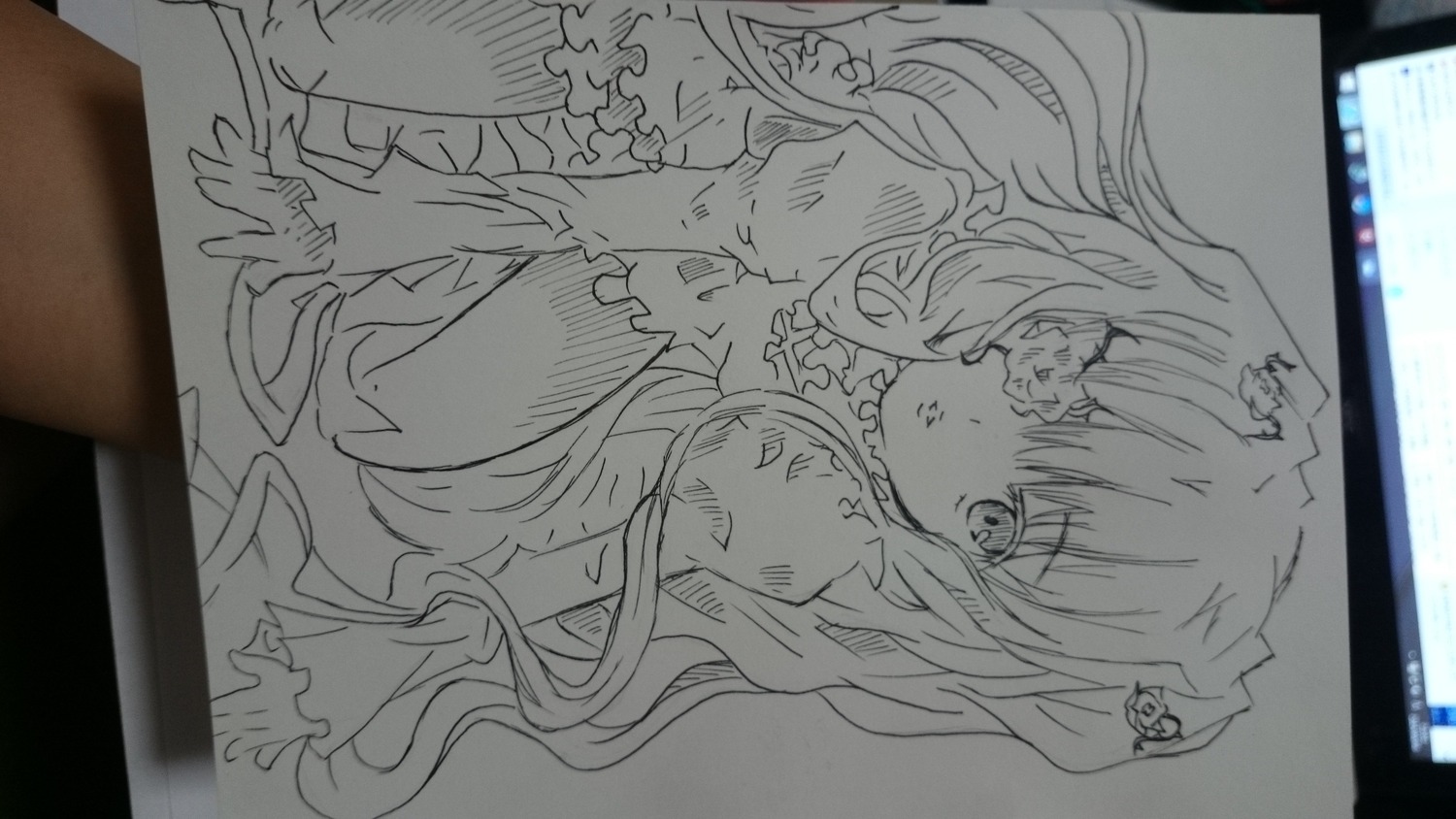 2girls dress frills greyscale hair_ornament image kirakishou long_hair long_sleeves monochrome multiple_girls photo solo traditional_media