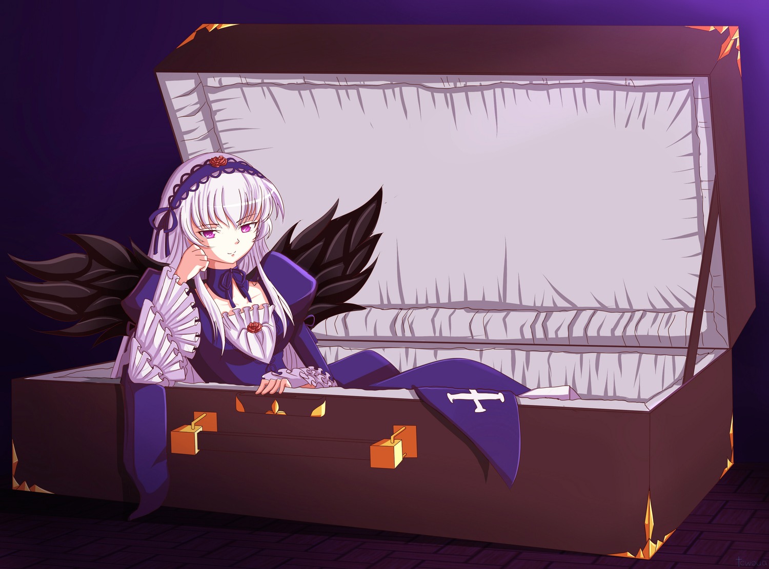 1girl black_wings detached_collar dress flower frills hairband image long_hair long_sleeves looking_at_viewer rose silver_hair sitting solo suigintou table wings