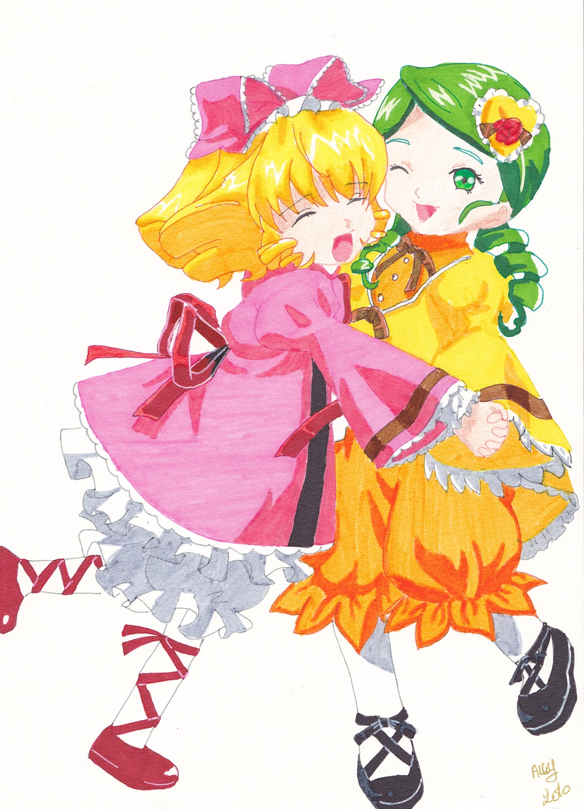 2girls blonde_hair bloomers bow closed_eyes dress drill_hair flower green_eyes green_hair hair_bow hair_ornament hina_ichigo hinaichigo holding_hands image kanaria multiple_girls one_eye_closed open_mouth pair pantyhose pink_bow short_hair smile traditional_media twin_drills