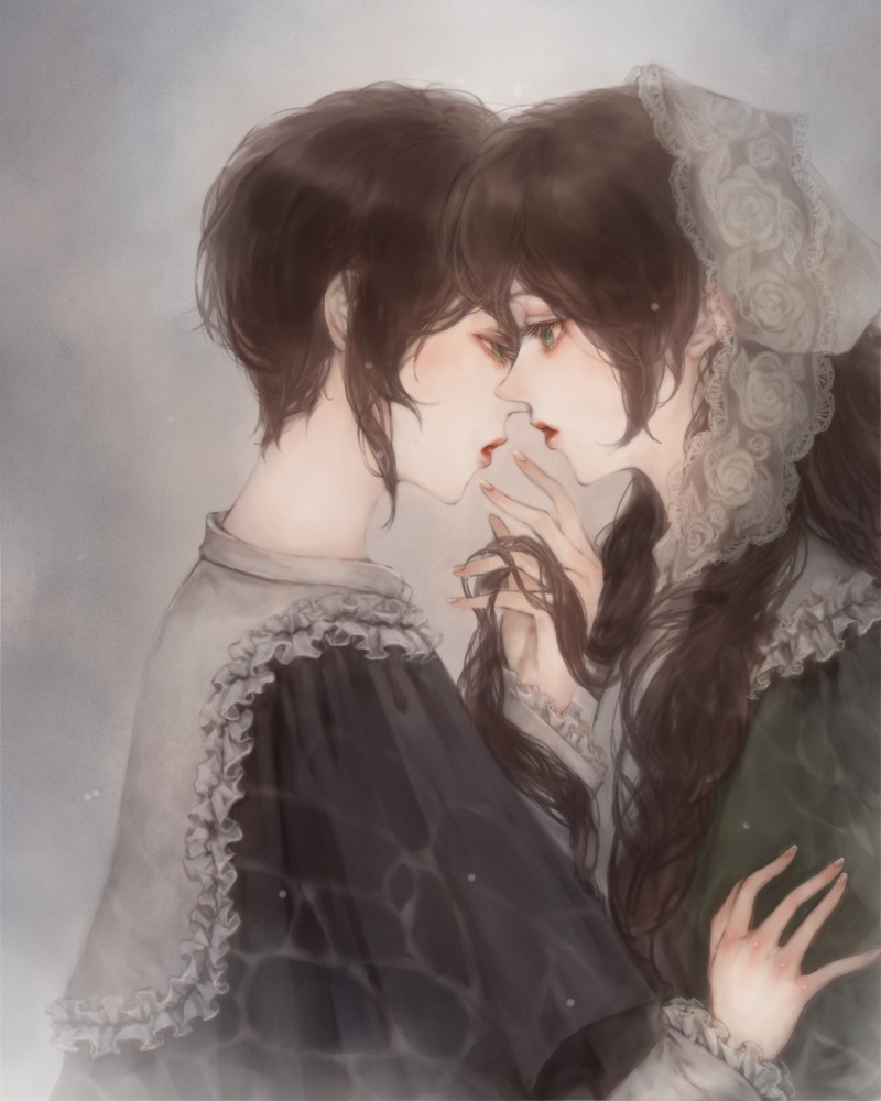 2girls brown_hair commentary_request eye_contact frills green_eyes hairband image imminent_kiss incest lips long_hair long_sleeves looking_at_another multiple_girls pair profile rozen_maiden short_hair siblings souseiseki suiseiseki twincest twins yukishiro_(hitsuji) yuri