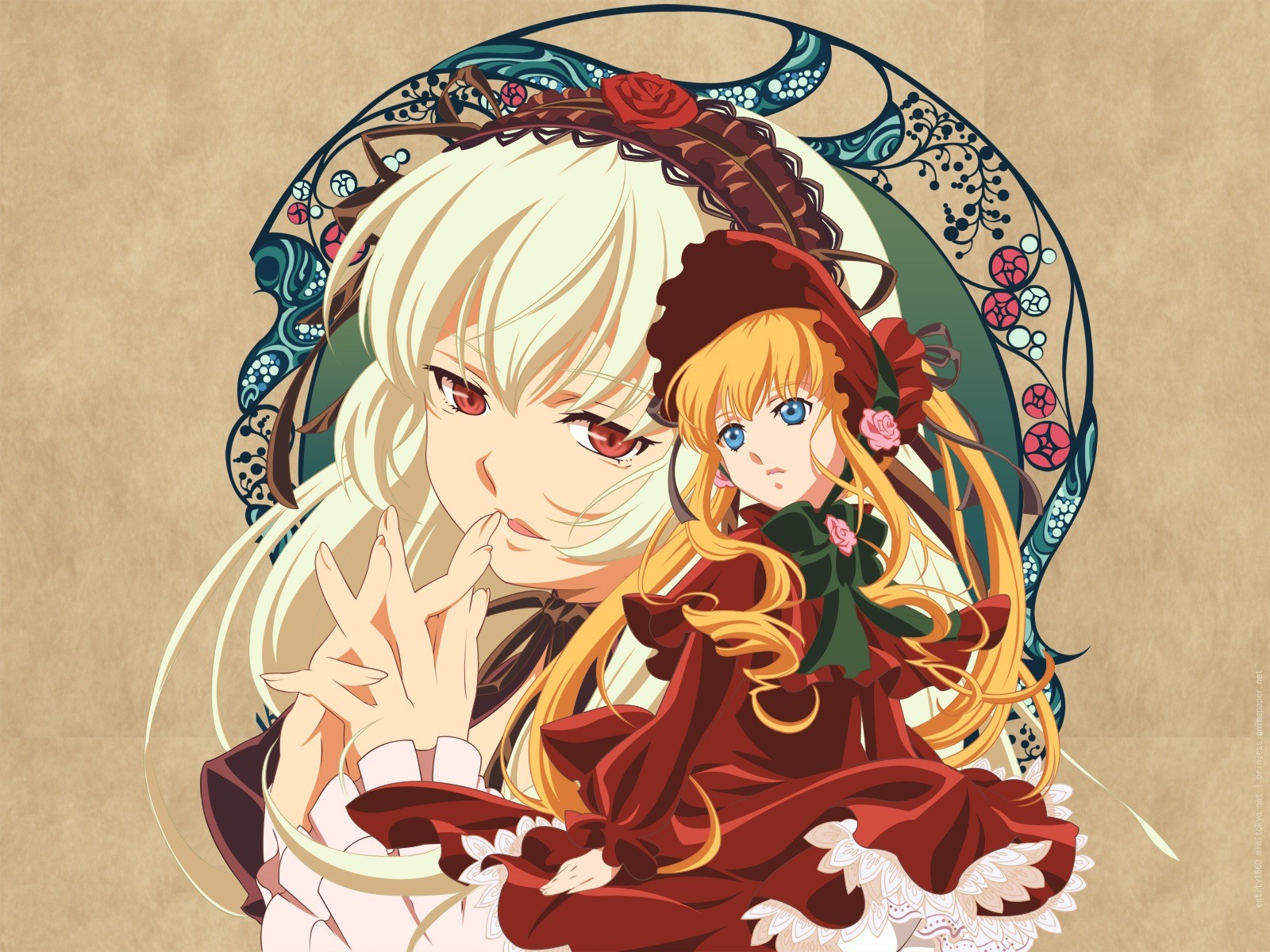 2girls artist_request blonde_hair blue_eyes bonnet bow dress flower gothic_lolita green_bow highres image lolita_fashion long_hair long_sleeves looking_at_viewer multiple_girls pair photoshop_(medium) red_dress red_eyes rose rozen_maiden shinku silver_hair suigintou