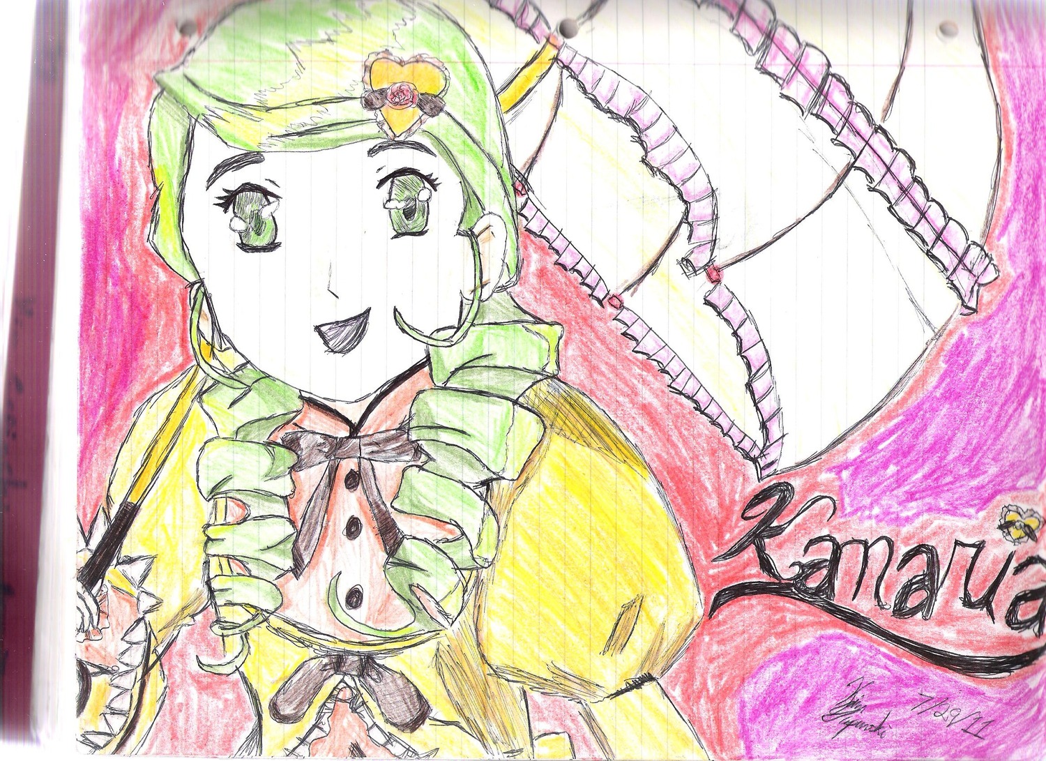 1girl auto_tagged blush bow colored_pencil_(medium) dress drill_hair green_eyes green_hair hair_ornament image kanaria marker_(medium) open_mouth photo smile solo traditional_media twin_drills umbrella