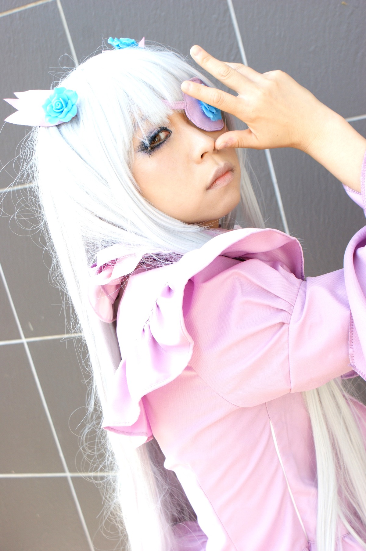 1girl animal_ears barasuishou flower hair_flower hair_ornament hands lips long_hair nail_polish solo upper_body white_hair